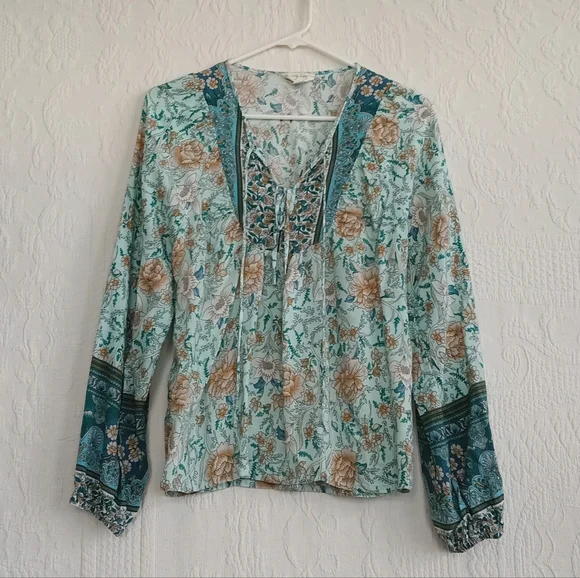 To My Lovers Teal Boho Western Blouse Turquoise Paisley Flowy Hippie Lace Up SM - Picture 8 of 8